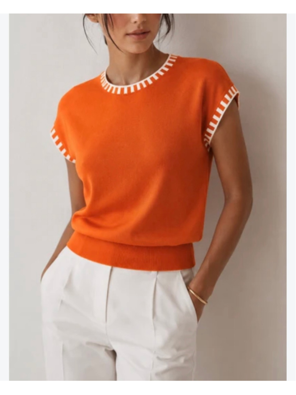 Commense Contrast Trim Knit Cap Sleeve Tank Top Size S Orange Capsule Minimalist